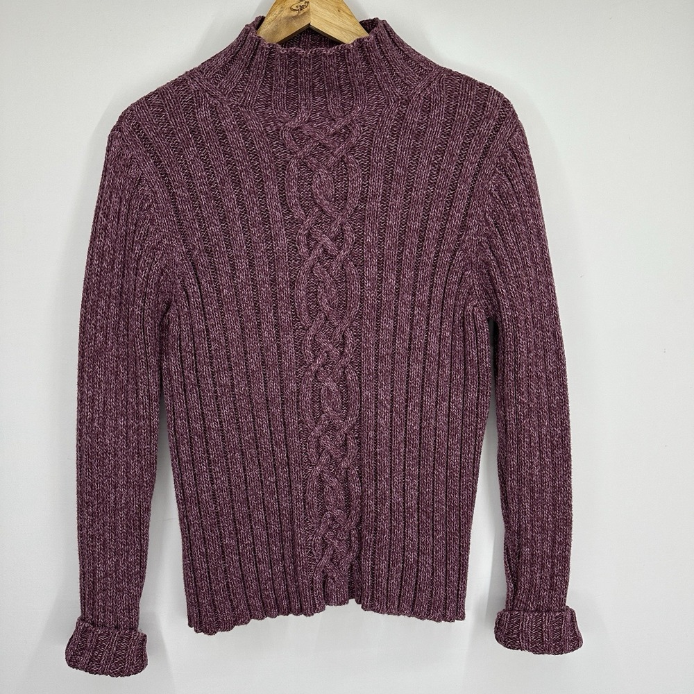 LL Bean Cable Knit Purple Mock Neck Sweater Womens Small Fisherman Aran